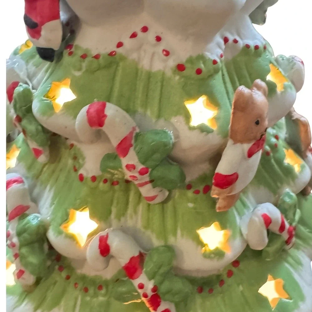Vintage Ceramic Lighted Christmas Tree Santa Teddy Bear Candy Cane Star Cutouts